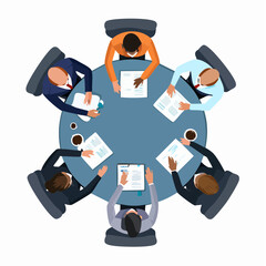 Flat vector of a group of office workers in formal attire having a meeting around a round table, diverse characters