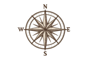 Hand-drawn vintage compass rose pointing north, south, east and west, isolated on transparent background