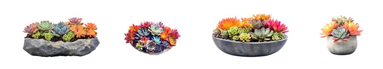Fototapeta premium set of Succulent arrangements in stone-like planters. isolated on transparent background