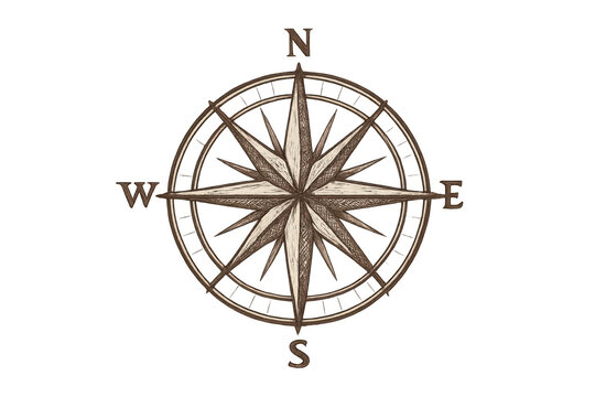 Hand-drawn vintage compass rose pointing north, south, east and west, isolated on transparent background