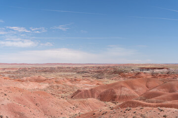 Painted desert landscape in Petrified Forest National Park under clear skies