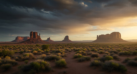 Obraz premium Dramatic Sunset Over Monument Valley's Majestic Buttes and Desert Landscape