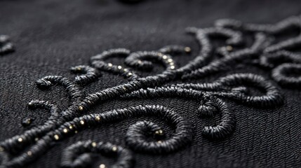 Elegant Black Damask Fabric  Close up Texture  Intricate Embroidery  Swirling Floral Desig