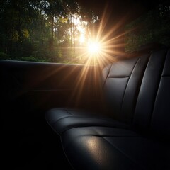 Luxurious Car Interior  Sunset Sunlight  Leather Seats  Forest View
