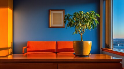 Sunlit corner with orange couch, potted plant, and blue wall; wooden table, empty frame, and cityscape view from window