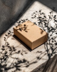 Mockup of Blank Kraft Paper Box with Shadows on Stone Surface and Natural Light