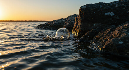 Fototapeta premium Crystal Orb Splashing in Dark Water Near Rocky Shoreline at Sunset