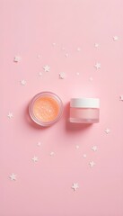 Pastel Pink Flat Lay with Glittery Cosmetic Jars and Star Confetti