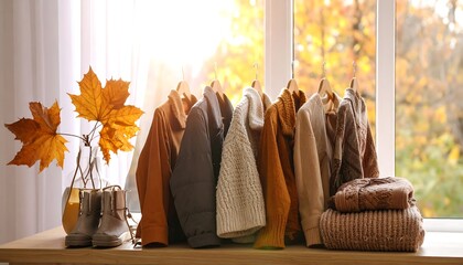 Autumn clothes with window, and fall leaves.