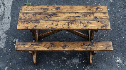 Rustic wooden picnic table and bench set.