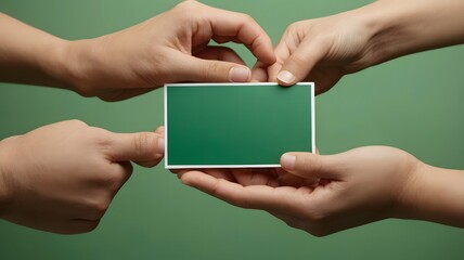 Hands Holding Green Screen Card in Close Up with Green Background