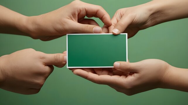 Hands Holding Green Screen Card in Close Up with Green Background