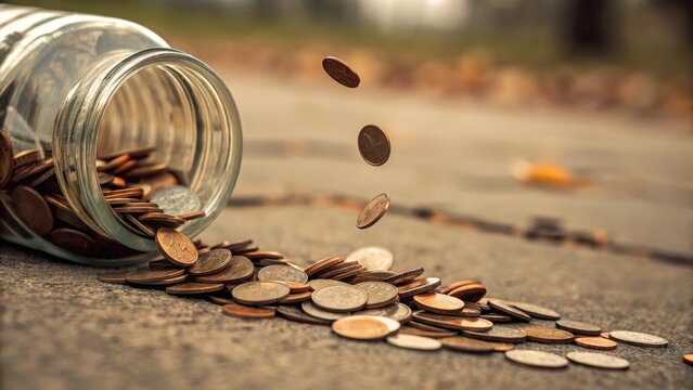 Coins piling from glass jar with negative space