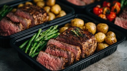 Sliced grilled beef filet mignon, roasted potatoes, asparagus, and cherry tomatoes in several black plastic meal prep containers