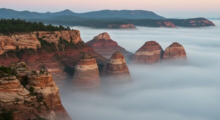 Red rock formations rising above cloud inversion