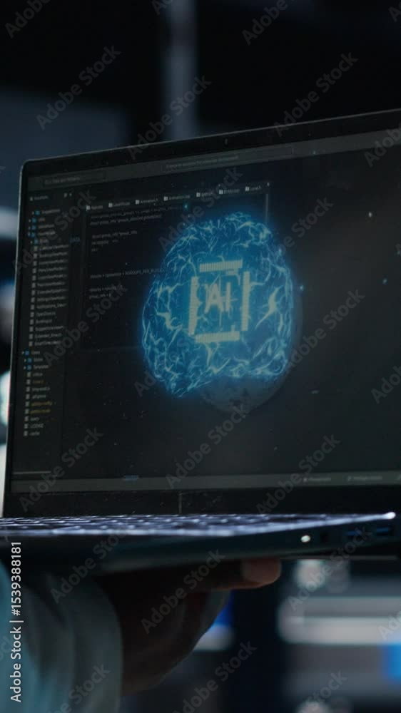 Poster vertical video server room admin using laptop to do infrastructure ai machine learning automatizatio