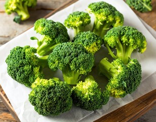Fresh broccoli florets arranged on a cutting board