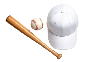 Baseball Cap, Bat and Ball Isolated on Transparent Background Top View