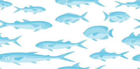 Obraz premium Seamless Pattern with fish silhouettes in soft watercolor shades. Drawing of school for marine design, wrapping paper or textile design. Ornament with nautical animals for wallpaper or fabric