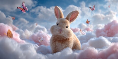 Fluffy Bunny in Dreamy Cloudscape Whimsical Easter Rabbit Art