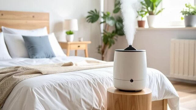 Bedroom setting featuring a modern humidifier emitting vapor near a cozy bed, promoting wellness and comfortable sleep in a bright, minimalist room