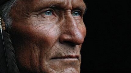 Obraz premium Dramatic Close up Portrait of Elderly Native American Man with Feather