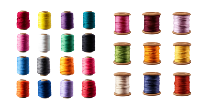 set of Colorful spools of thread arranged in a grid. isolated on transparent background