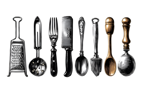 Hand-drawn utensil collection featuring tongs, meat cleaver, pasta fork, zester, peeler, and wooden spoon arranged in engraving sketch. Ultra HD