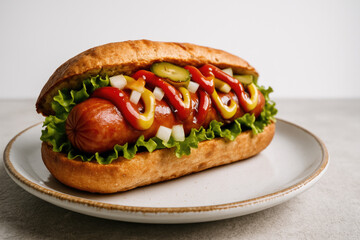 Classic Hot Dog with Ketchup and Mustard. Crispy Potato Sticks, Presented on a White Background with Ample Copy Space

