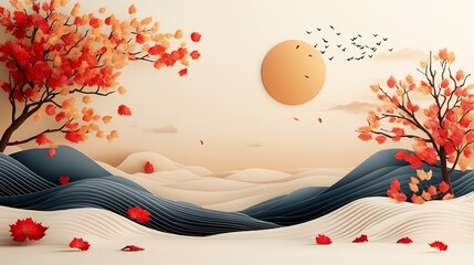 Autumn Serenity, A Minimalist Landscape with Maple Trees and Birds