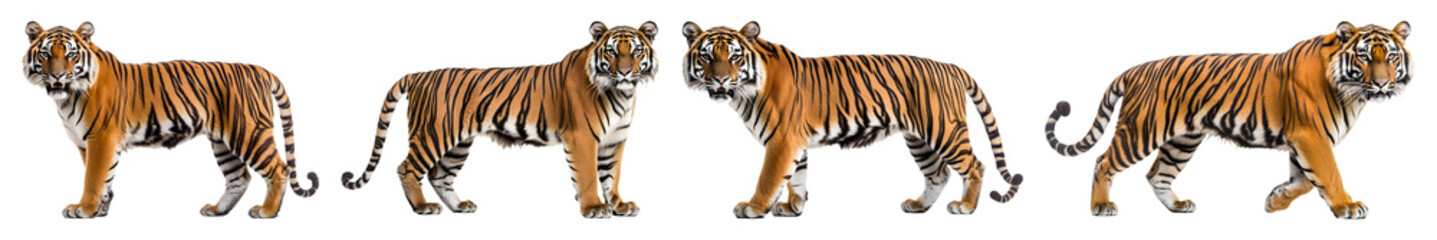 Obraz premium Four tigers displayed in different poses on a black backdrop featuring striped fur and distinctive markings
