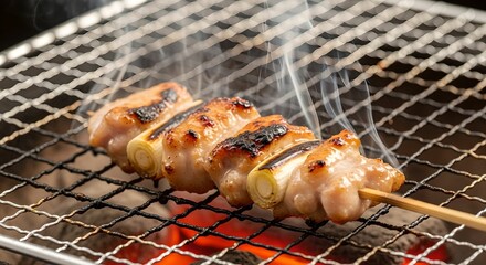 備長炭で焼き鳥を焼いている写真