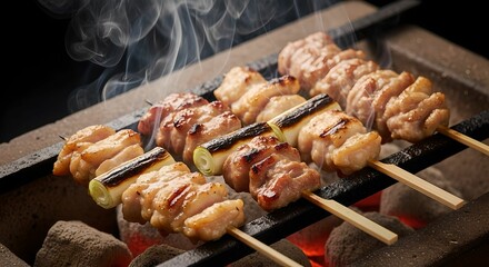 備長炭で焼き鳥を焼いている写真