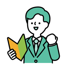 初心者マークを持って笑顔で応援するスーツのビジネスパーソンの男性のベクターイラスト
