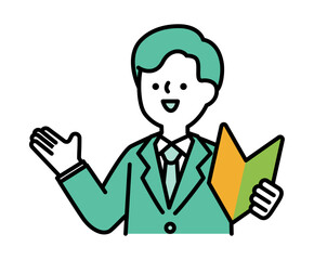 初心者マークを持って笑顔で話すスーツのビジネスパーソンの男性のベクターイラスト