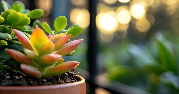 Close-up view of a succulent plant in a terracotta pot, bathed in warm sunset light.  The background is softly blurred, showing greenery and bokeh