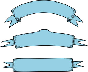 Ribbon vector illustration with space for text. Linear pastel blue drawing for branding and packaging in vintage style. Outline sketch of Scrolls for retro menu headers and titles.