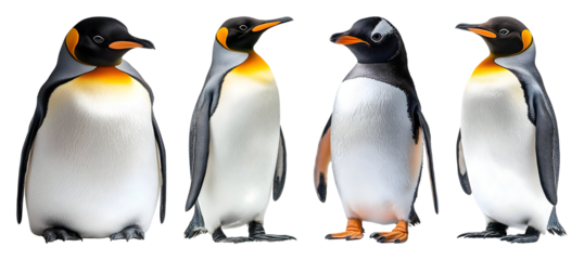 Four penguins two King Penguins and a Gentoo Penguin standing next to each other against a dark background