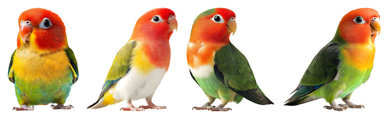 Naklejka premium Four Colorful Lovebirds Stand Against A Transparent Background Each Showcasing Unique Plumage Patterns And Details