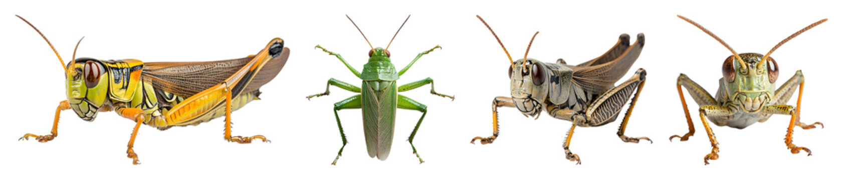 A group of grasshoppers showcase different colors and viewpoints against a black backdrop Isolate the subjects easily