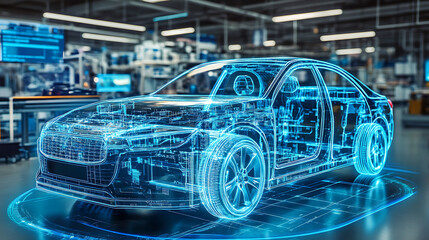A car is displayed on a conveyor belt with a blue and orange design. The car is a futuristic model, and the blue and orange colors give it a futuristic and high-tech appearance