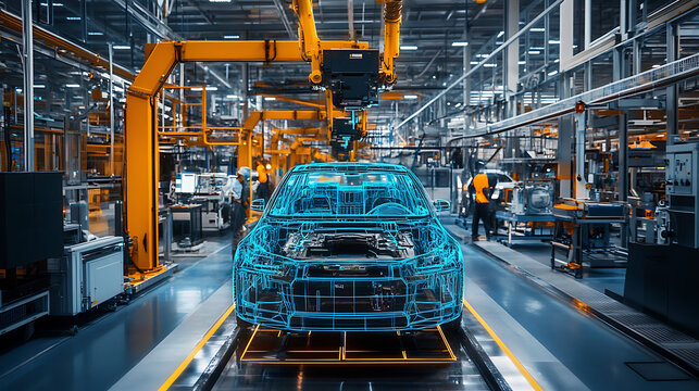 A car is displayed on a conveyor belt with a blue and orange design. The car is a futuristic model, and the blue and orange colors give it a futuristic and high-tech appearance - Powered by Adobe