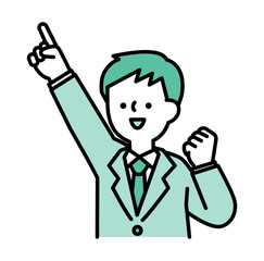 腕を上げてポーズをとる笑顔のビジネスパーソンの男性のシンプルなベクターイラスト