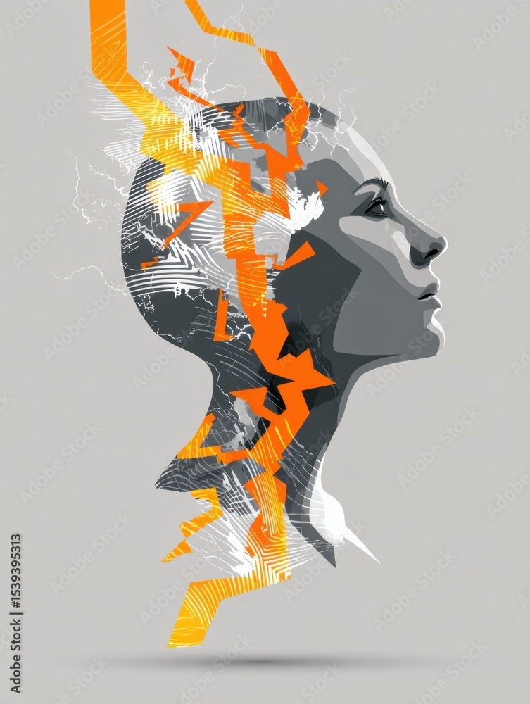 Poster stylized head depicting explosion of lines from temple to symbolize anxiety and stress in a contempo