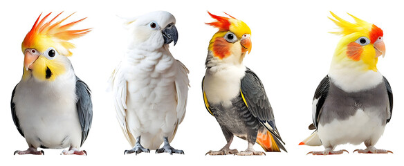 Fototapeta premium Four Isolated Birds Featuring Two Cockatiels With Colorful Crests And A White Cockatoo On A Transparent Background