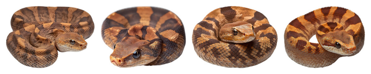 Fototapeta premium Four Copperhead Snakes Coiled On A Transparent Background Showing Their Distinctive Patterned Scales And Triangular Heads