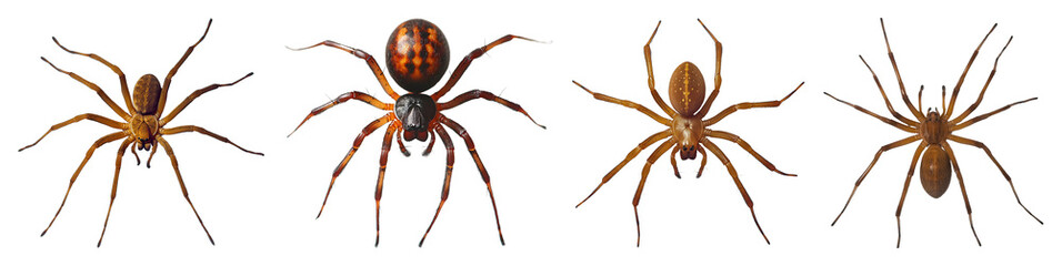 Fototapeta premium Four Brown Spiders With Varying Markings Each Displaying Eight Legs Are Positioned Side By Side On A Transparent Background