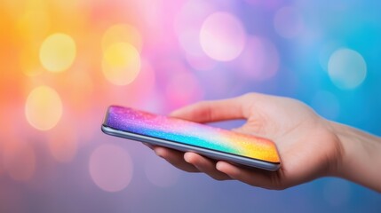 Hand holding a colorful smartphone device.