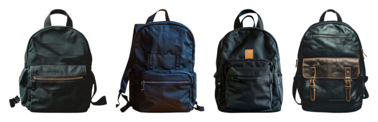 Four Backpacks Are Displayed Against A Transparent Background Different Styles Colors And Materials Are Showcased