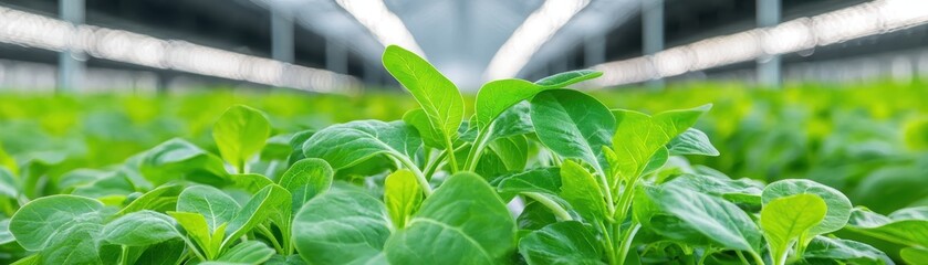 Lush green plants growing in a modern greenhouse.